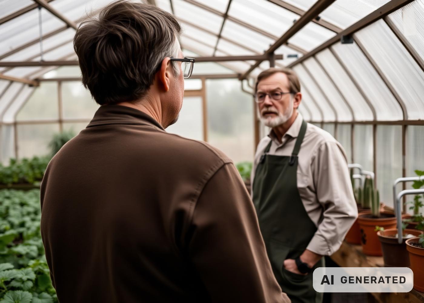 Gärtner berät eine Kundin im Gewächshaus zwischen Pflanzen