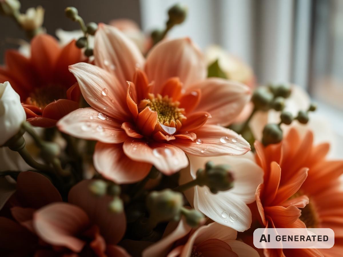 Detailaufnahme eines Blumenstraußes mit Wassertropfen auf den Blütenblättern