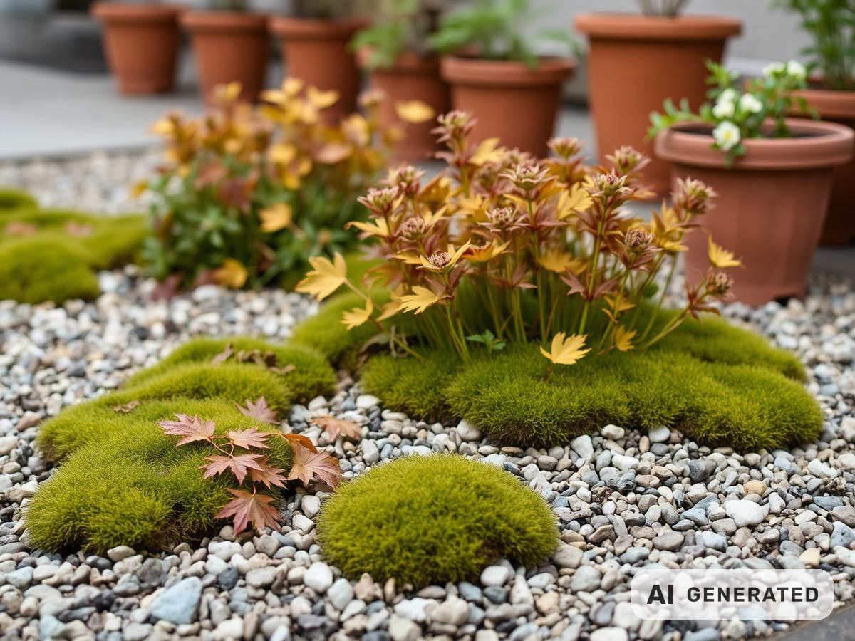 Mit Moos und herbstlichen Stauden bepflanzte Grabstelle mit Terrakottatöpfen