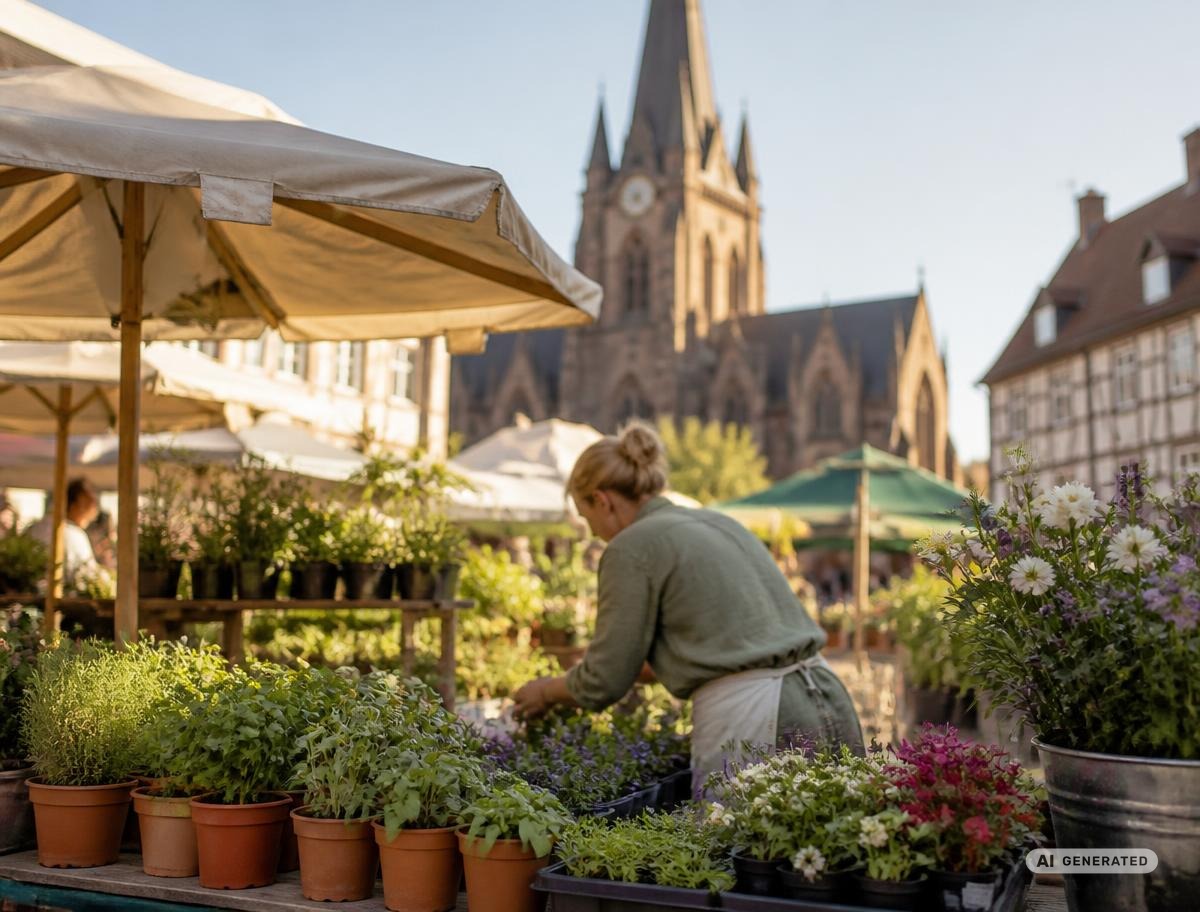 Wochenmarktstand mit frischen Pflanzen und Blumen vor der St. Georgskirche in Nördlingen