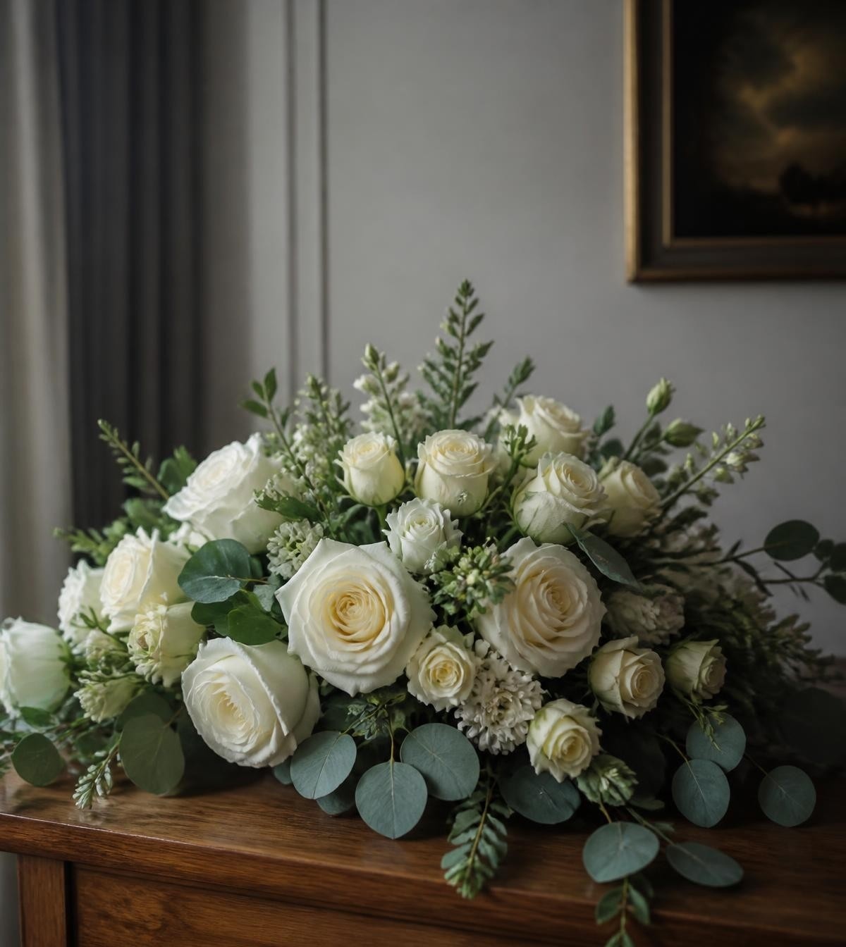 Würdevolles Trauergesteck aus weißen Rosen und Eukalyptus